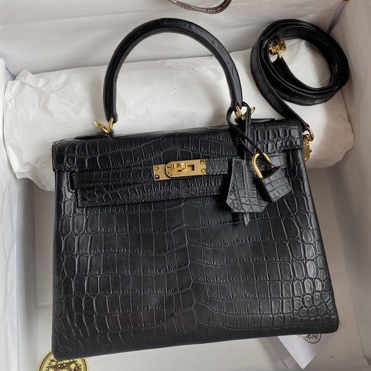 Hermès Kelly 25CM Women's Luxury Handmade Designer Handbag In Genuine Black Crocodile Niloticus Matte Skin - SUPER QUALITY