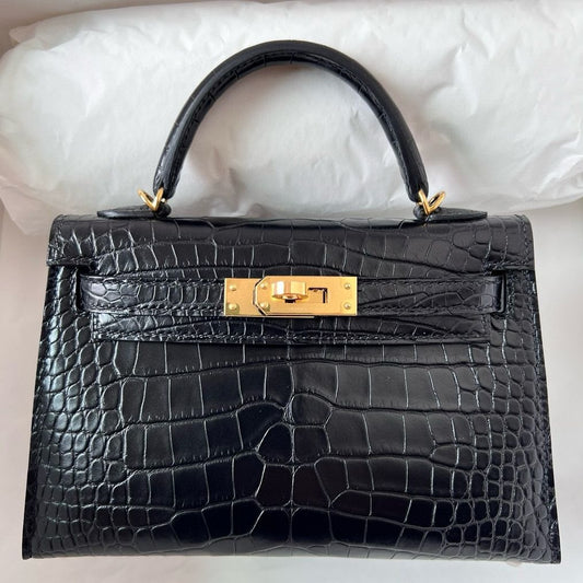 Hermès Kelly Mini II Women's Luxury Handmade Designer Handbag In Genuine Black Matte Alligator Leather - SUPER QUALITY