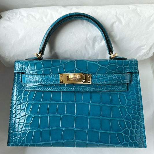 Hermès Kelly Mini II Women's Luxury Handmade Designer Handbag In Genuine Blue Izmir Shiny Alligator Leather - SUPER QUALITY