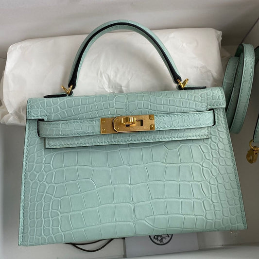 Hermès Kelly Mini II Women's Luxury Handmade Designer Handbag In Genuine Vert D'eau Matte Alligator Leather - SUPER QUALITY