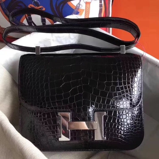 Hermès Constance 24CM Women's Luxury Handmade Designer Handbag In Genuine Black Niloticus Crocodile Skin - SUPER QUALITY