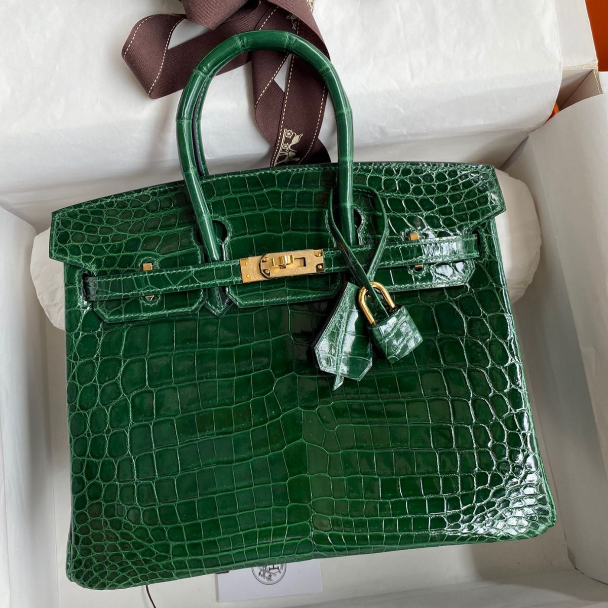 Hermès Birkin 25CM Women's Luxury Handmade Designer Handbag In Genuine Malachite Crocodile Niloticus Shiny Skin - SUPER QUALITY