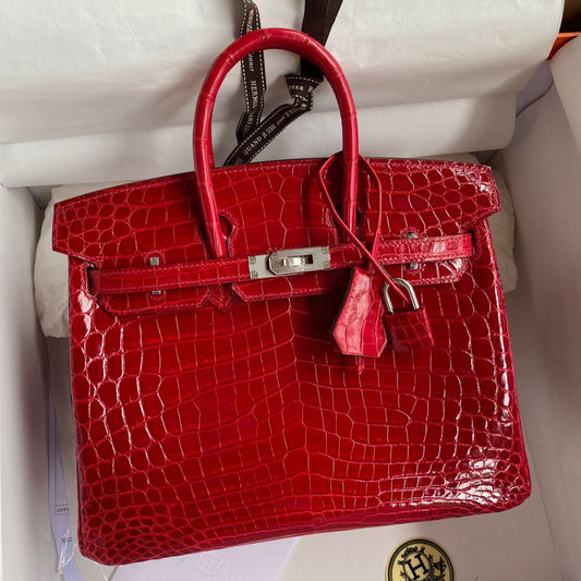 Hermès Birkin 25CM Women's Luxury Handmade Designer Handbag In Genuine Red Crocodile Porosus Shiny Skin - SUPER QUALITY