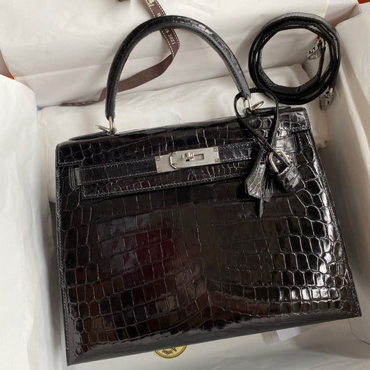 Hermès Kelly 28CM Women's Luxury Handmade Designer Handbag In Genuine Black Crocodile Niloticus Shiny Skin - SUPER QUALITY