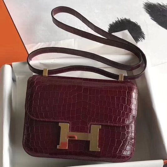 Hermès Constance 24CM Women's Luxury Handmade Designer Handbag In Genuine Bourgogne Niloticus Crocodile Skin - SUPER QUALITY