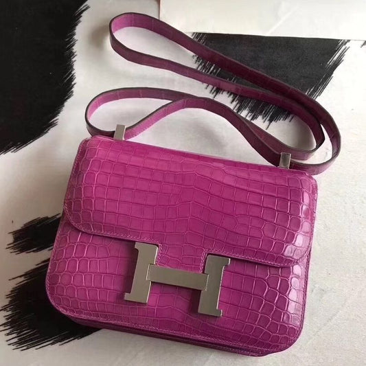 Hermès Constance 24CM Women's Luxury Handmade Designer Handbag In Genuine Rose Scheherazade Niloticus Crocodile Skin - SUPER QUALITY