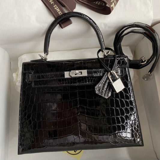 Hermès Kelly 25CM Diamond Women's Luxury Handmade Designer Handbag In Genuine Crocodile Niloticus Skin - SUPER QUALITY