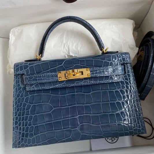 Hermès Kelly Mini II Women's Luxury Handmade Designer Handbag In Genuine Colvert Shiny Alligator Leather - SUPER QUALITY