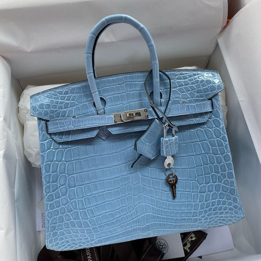 Hermès Birkin 25CM Women's Luxury Handmade Designer Handbag In Genuine Bleu du Nord Crocodile Niloticus Shiny Skin - SUPER QUALITY