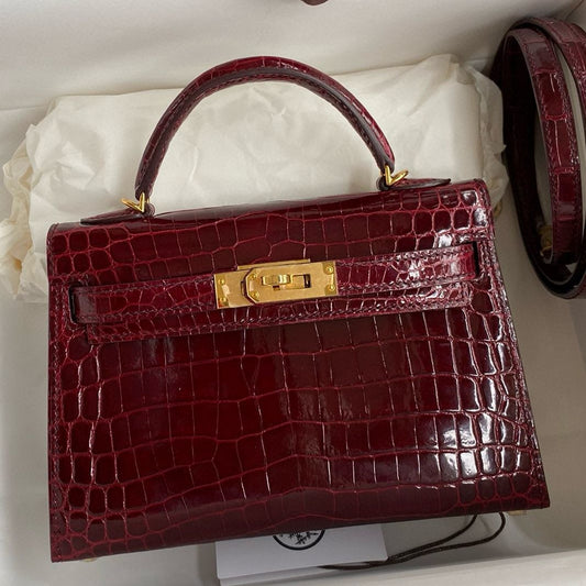 Hermès Kelly Mini II Women's Luxury Handmade Designer Handbag In Genuine Bordeaux Shiny Alligator Leather - SUPER QUALITY