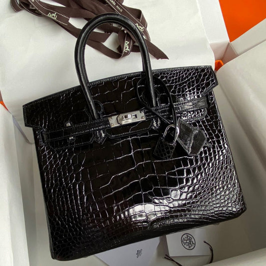 Hermès Birkin 25CM Women's Luxury Handmade Designer Handbag In Genuine Black Shiny Alligator Leather Skin - SUPER QUALITY