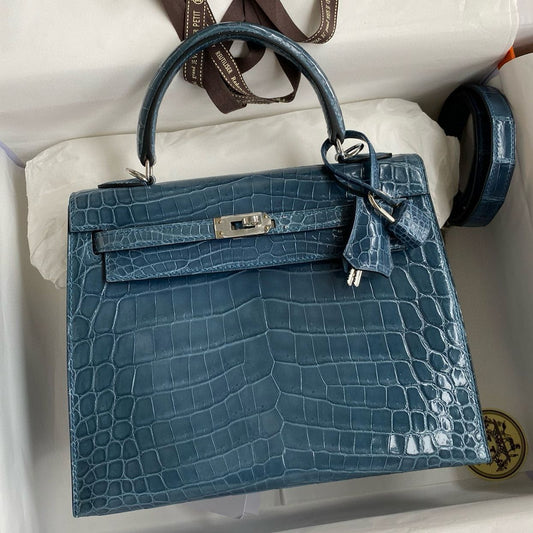 Hermès Kelly 25CM Women's Luxury Handmade Designer Handbag In Blue Jean Crocodile Niloticus Shiny Skin- SUPER QUALITY