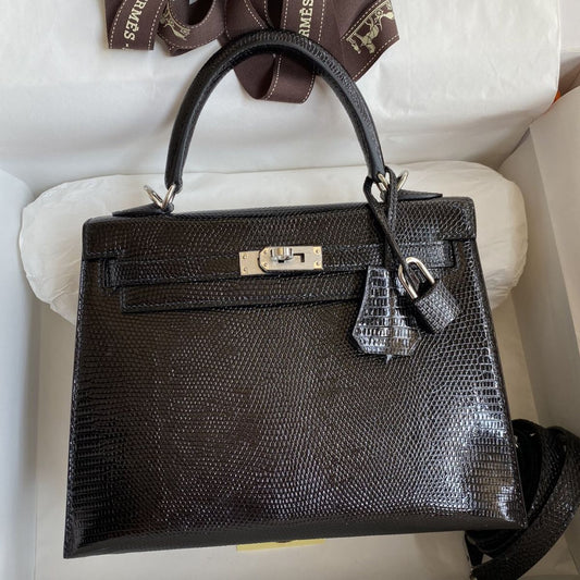 Hermès Kelly 25CM Women's Luxury Handmade Designer Handbag In Genuine Black Lizard Leather Skin - SUPER QUALITY