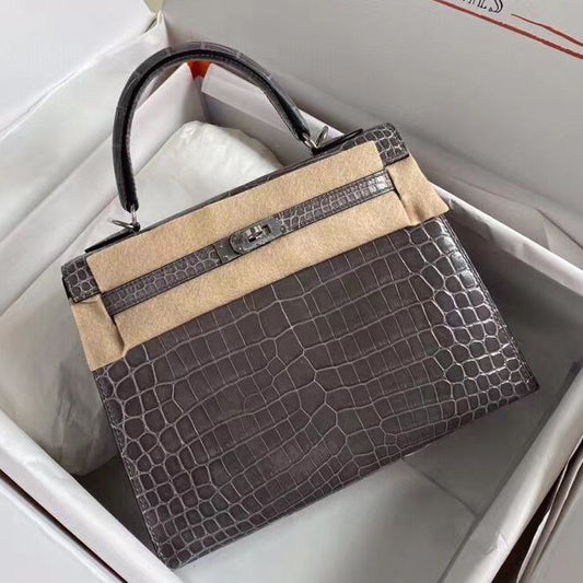 Hermès Kelly 25CM Women's Luxury Handmade Designer Handbag In Genuine Taupe Crocodile Niloticus Shiny Skin - SUPER QUALITY