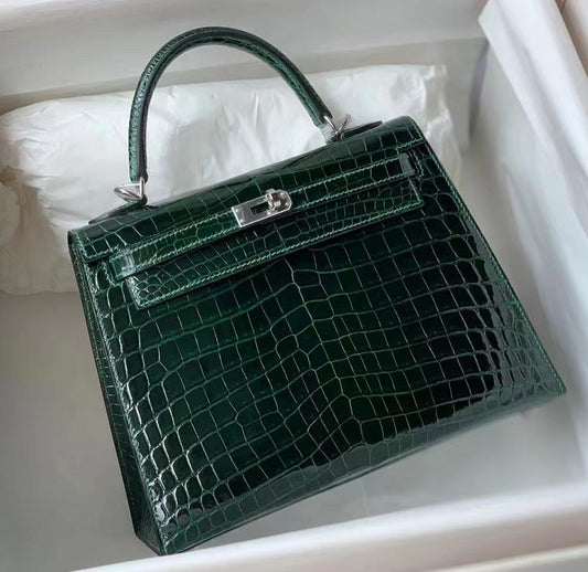 Hermès Kelly 25CM Women's Luxury Handmade Designer Handbag In Genuine Dark Green Crocodile Niloticus Shiny Skin - SUPER QUALITY