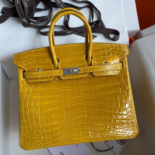 Hermès Birkin 25CM Women's Luxury Handmade Designer Handbag In Genuine Yellow Crocodile Niloticus Shiny Skin - SUPER QUALITY