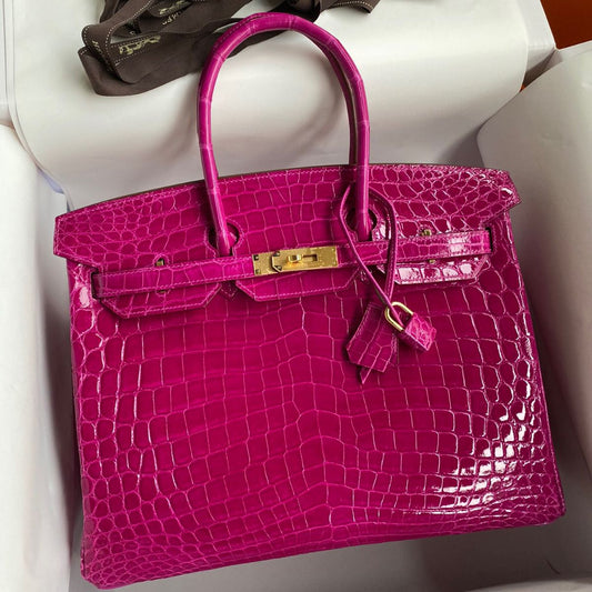 Hermès Birkin 35CM Women's Luxury Handmade Designer Handbag In Rose Scheherazade Genuine Crocodile Niloticus Shiny Skin - SUPER QUALITY