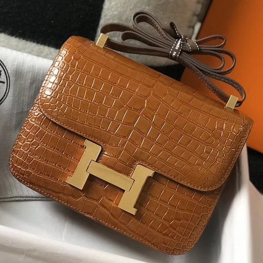 Hermès Constance 24CM Women's Luxury Handmade Designer Handbag In Genuine Brown Embossed Crocodile Skin - SUPER QUALITY