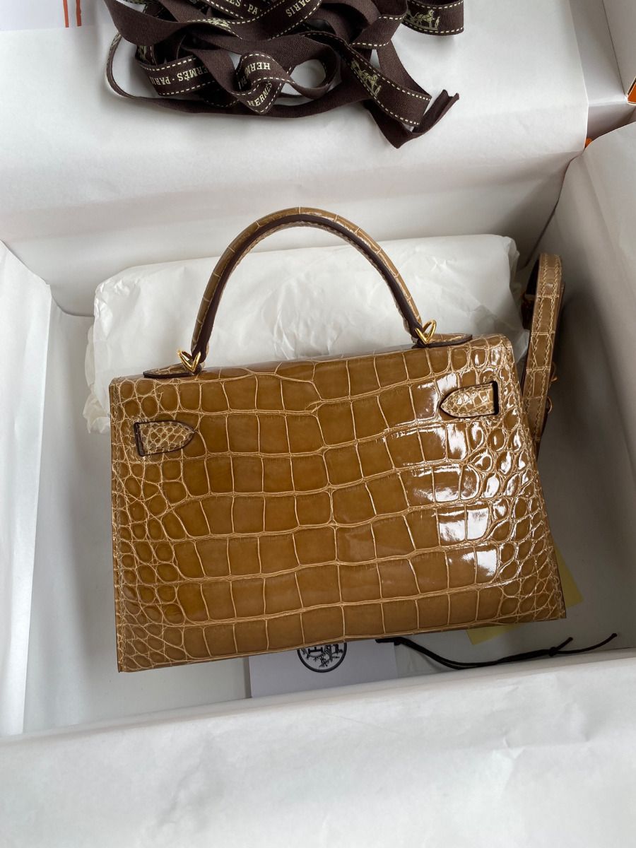 Hermès Kelly Mini II Women's Luxury Handmade Designer Handbag In Genuine Ficelle Shiny Alligator Leather - SUPER QUALITY