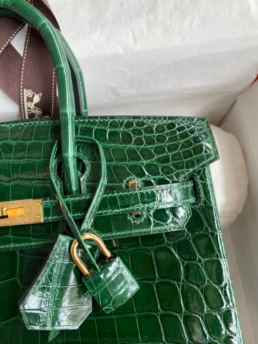 Hermès Birkin 25CM Women's Luxury Handmade Designer Handbag In Genuine Malachite Crocodile Niloticus Shiny Skin - SUPER QUALITY