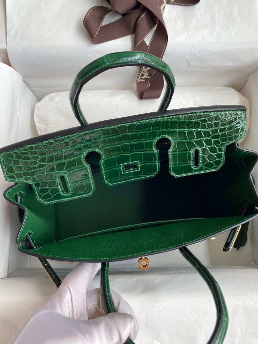 Hermès Birkin 25CM Women's Luxury Handmade Designer Handbag In Genuine Malachite Crocodile Niloticus Shiny Skin - SUPER QUALITY